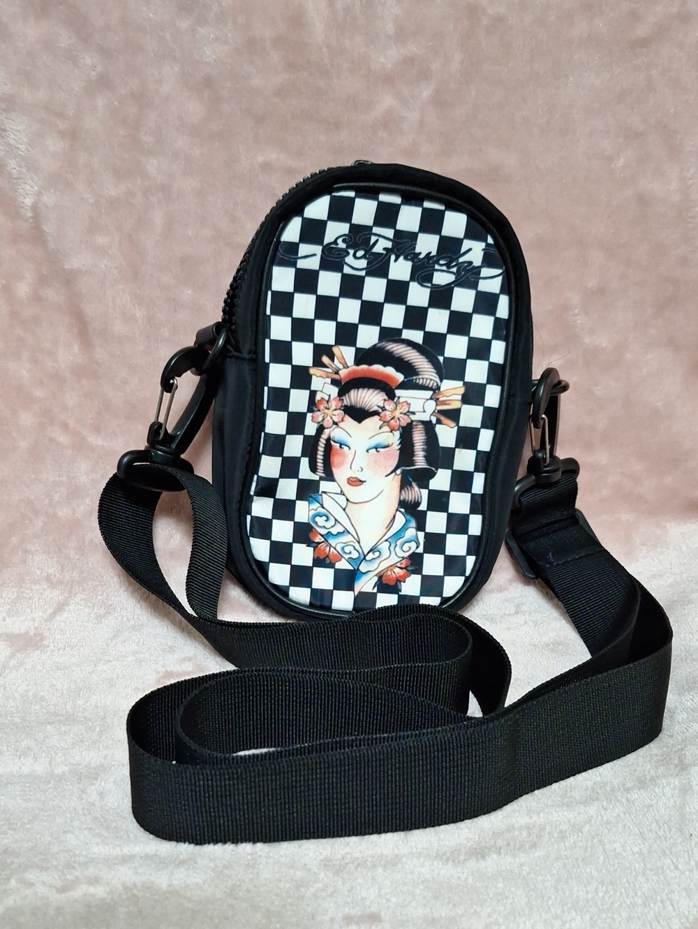 Ed Hardy Black & White Checker Geisha Small Crossbody Bag